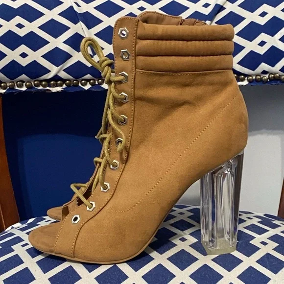 Light brown wheat lace up ankle high open toe clear heel booties size 9.5 - Picture 4 of 8